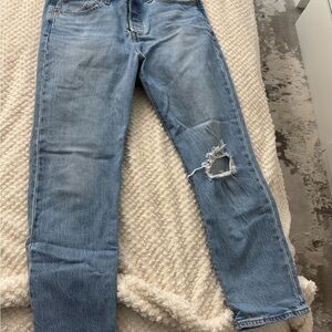 Light Blue Straight Jeans with Distressing and Full Length